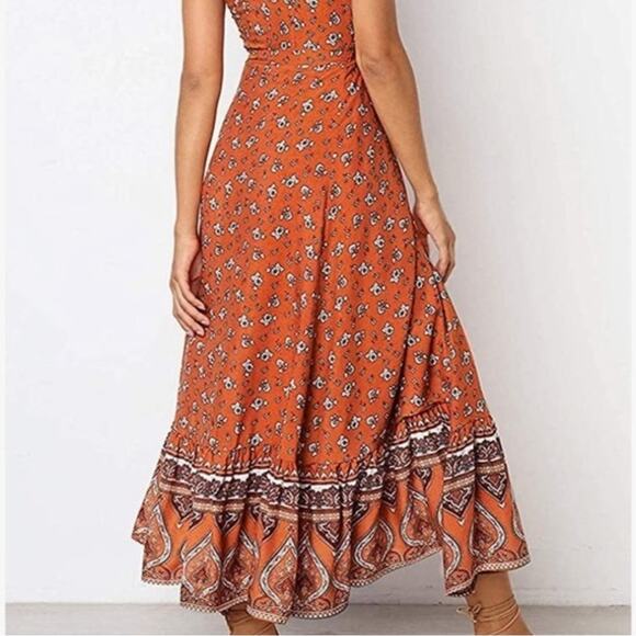 Medium Fall Maxi Dress Long Boho Medium Wrap Dress Cottage Prairie Orange Dress - Picture 2 of 16